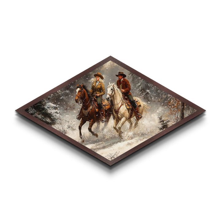 Snowy Ride Together Diamond Shaped Canvas Textured Print rustic winter cowboy wall art lodge decor western cabin Christmas gift
