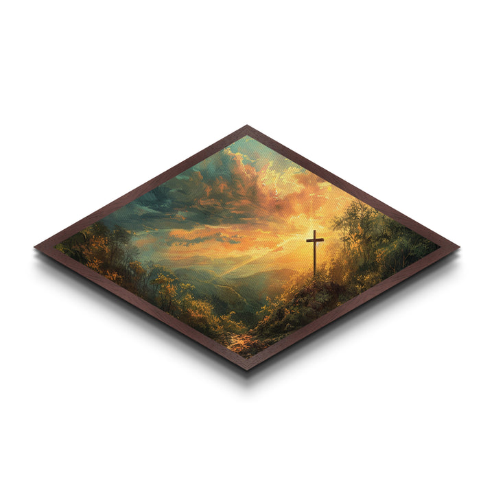 Glory Hill Sunrise Diamond Shaped Canvas Embossed Print Christian spiritual artwork living room decor Easter resurrection gift