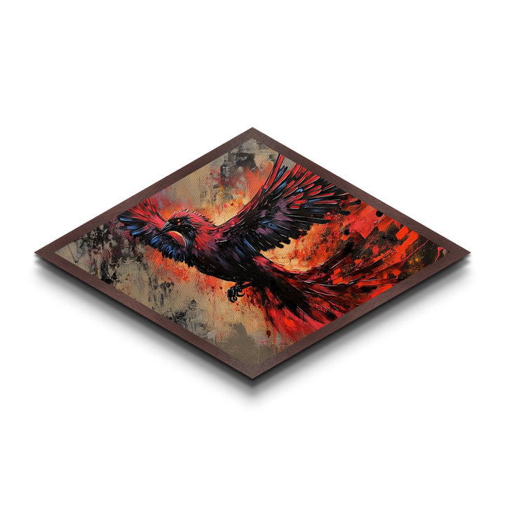 Fiery Phoenix Flight Diamond Shaped Canvas Textured Print red black bird in motion dynamic modern expressionism bold home wall statement