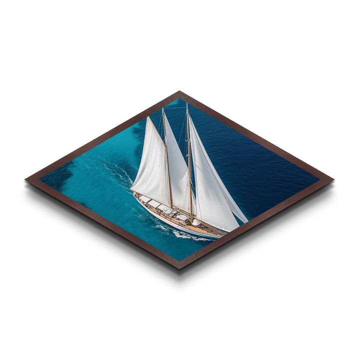 Azure Horizon Yacht Diamond Shaped Canvas Art Print elegant sailing ship overhead view crisp turquoise waters nautical wall decor piece