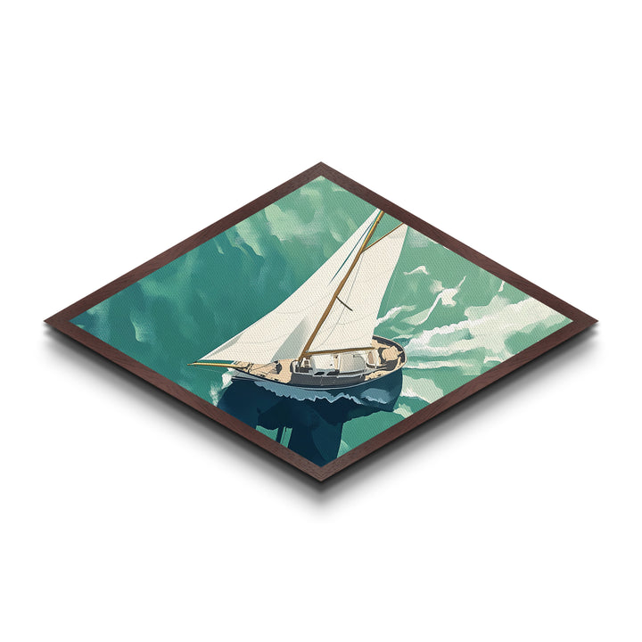 Serene Sailing Calm Diamond Shaped Canvas Textured Print illustrated boat over green sea minimalist marine design tranquil beach house vibe