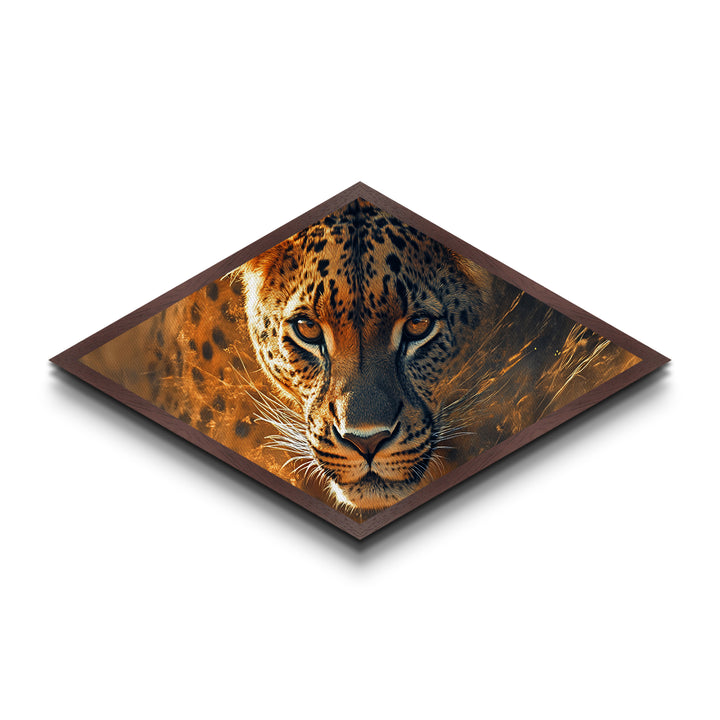 Electric Leopard Gaze Diamond Shaped Canvas Embossed Print Big Cat Wall Art Jungle Animal Decor Wildlife Accent Living Room Bold Gift