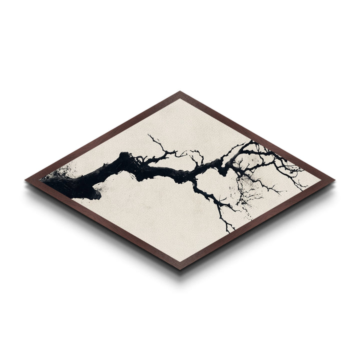 Zen Branch Ink Diamond Shaped Canvas Textured Print Japanese Minimal Abstract Nature Wall Art Modern Decor Neutral Palette Home Gift