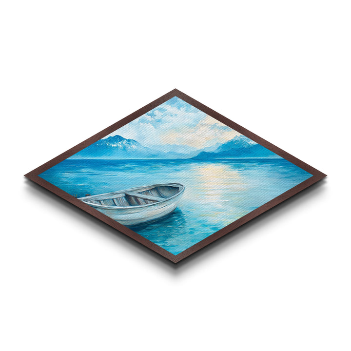 Tranquil Rowboat - Diamond Shaped Canvas Art Print Coastal Landscape Home Wall Decor Serene Lakeview Bedroom Nautical Painting