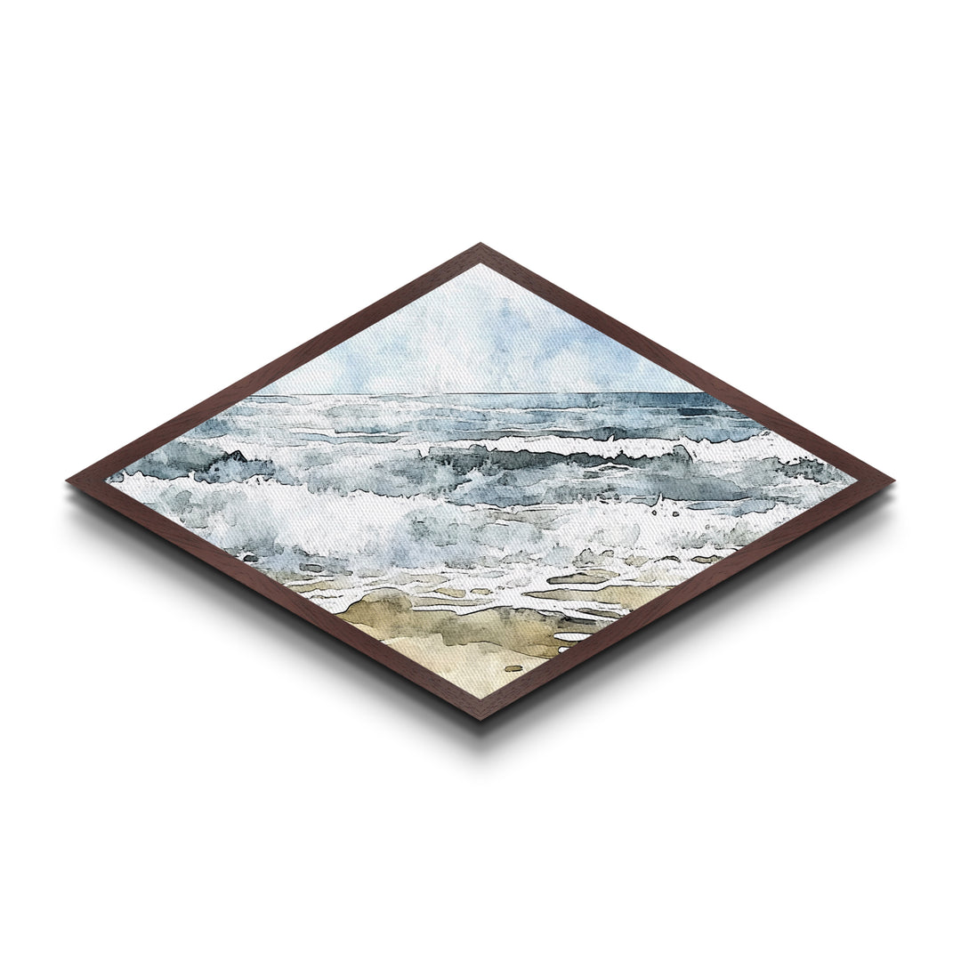 Coastal Break - Diamond Shaped Canvas Textured Print Ocean Wave Beach Art Nautical Bathroom Decor Relaxing Watercolor Seascape