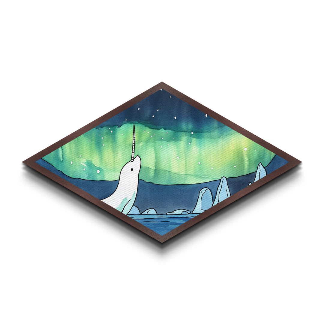 Whimsical Narwhal In The Arctic Canvas Textured Art Print, Diamond Shaped Wall Art, Aurora Borealis Wall Art, Cute Art