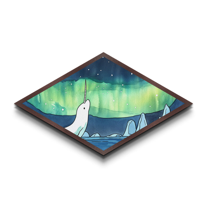 Whimsical Narwhal In The Arctic Canvas Textured Art Print, Diamond Shaped Wall Art, Aurora Borealis Wall Art, Cute Art
