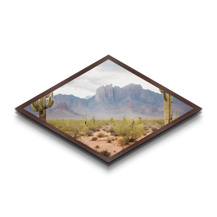 Desert Mountain Cactus View Diamond Shaped Canvas Textured Print southwestern desert landscape wall art rustic home decor gift