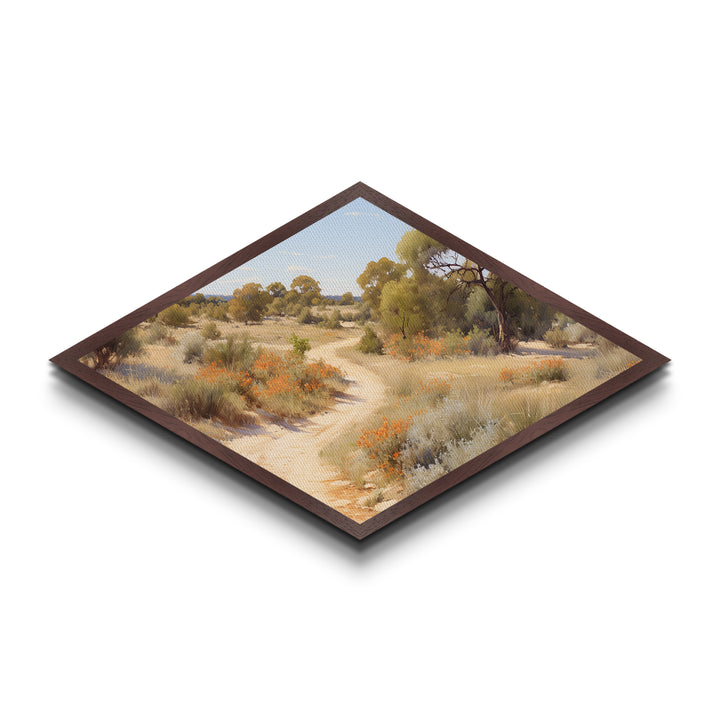 Desert Blossom Trail Diamond Shaped Canvas Embossed Print natural warm toned arid path art soft toned countryside landscape decor