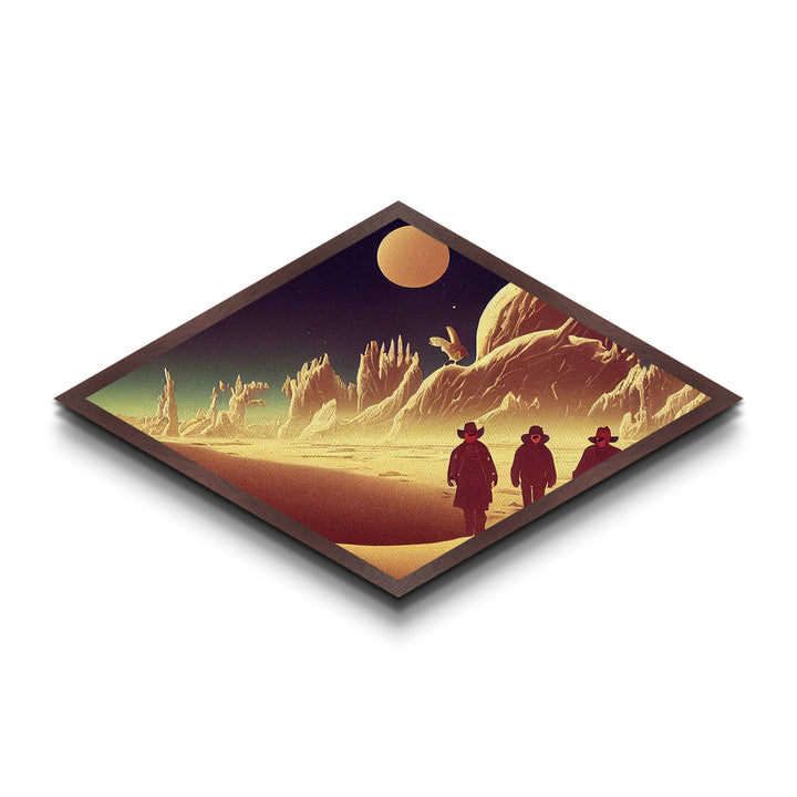 Surreal Desert Travelers Diamond Shaped Canvas Art Print sci-fi western moonscape fantasy terrain illustration cowboy outer space
