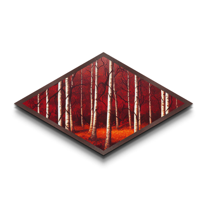 Crimson Birch Serenity Diamond Shaped Canvas Textured Print woodland red forest wall art nature painting rustic decor autumn tree scene