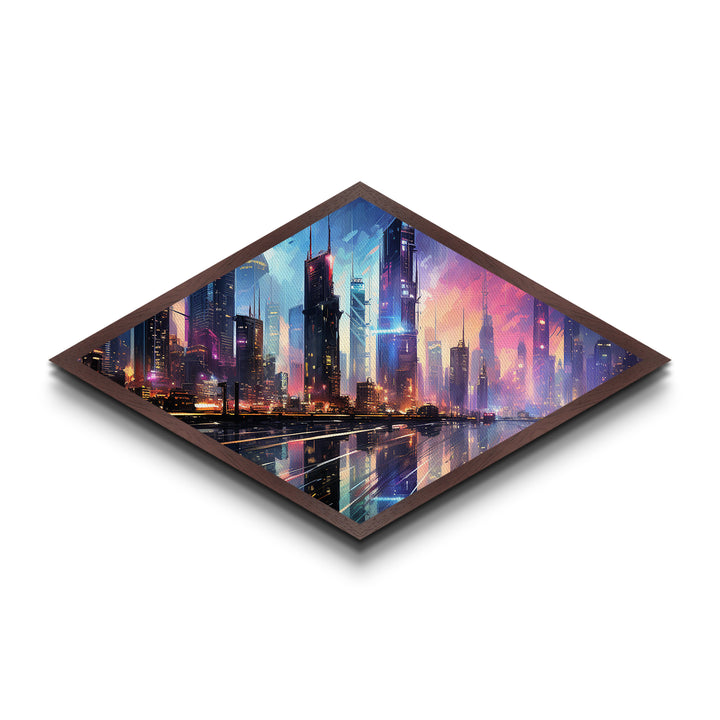 Neon Skyline Dreams Diamond Shaped Canvas Textured Print futuristic cyberpunk cityscape urban skyline glowing night downtown wall art