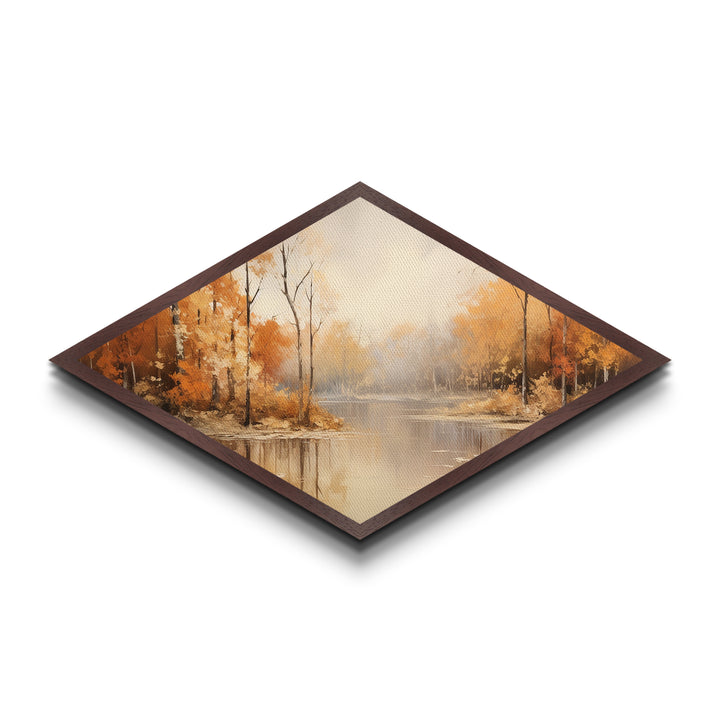 Autumn River Mist Diamond Shaped Canvas Textured Print fall foliage forest lake reflection tranquil landscape nature orange wall decor
