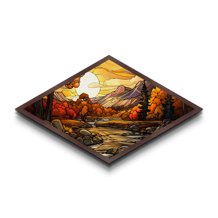 Diamond Shaped Autumn Gold Forest Canvas Textured Print Fall Leaves Landscape Misty Woodland Home Wall Decor Seasonal Nature Scene
