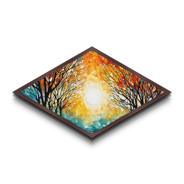 Diamond Shaped Sunset Tree Light Canvas Embossed Print Autumn Forest Stained Glass Style Landscape Wall Art Golden Hour Illumination