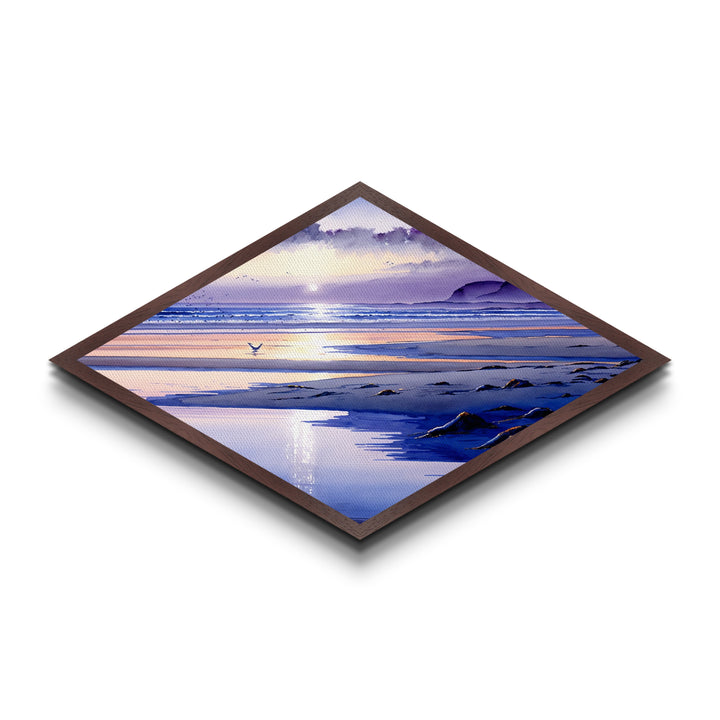 Pastel Coast Horizon – Diamond Shaped Tranquil Beach Scene, Serene Seaside Canvas Textured Print, Watercolor Ocean Wall Art