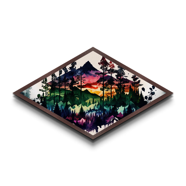 Vibrant Forest Silhouette – Diamond Shaped Mountain Sunset Canvas Textured Print, Abstract Nature Landscape Wall Art