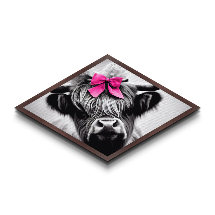 Diamond Shaped Highland Cow — Black and White Animal Portrait Canvas Textured Print, Farmhouse Decor, Pink Bow Nursery Art
