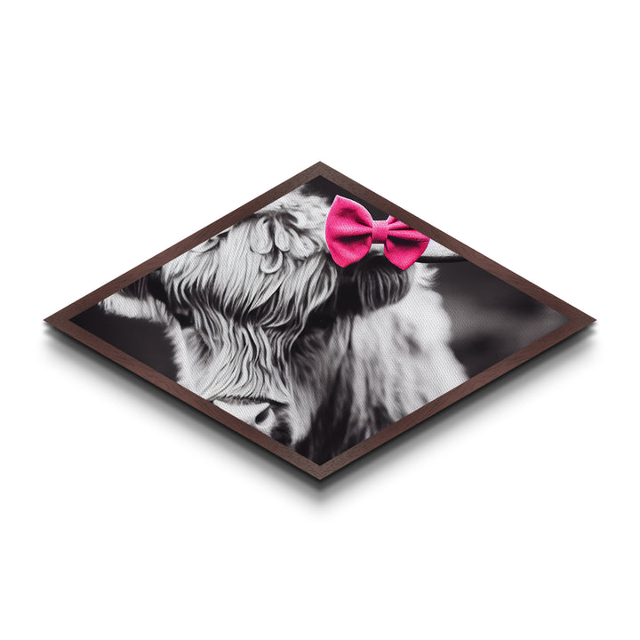 Diamond Shaped Cow Detail — Cute Highland Cow Wall Art Canvas Embossed Print, Rustic Farm Animal Decor, Pink Bow Aesthetic