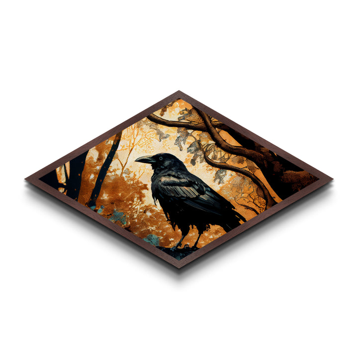 Diamond Shaped Autumn Raven — Dark Forest Bird Art Canvas Embossed Print, Gothic Nature Wall Decor, Mysterious Crow Theme