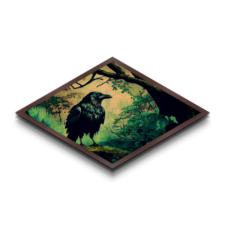 Diamond Shaped Forest Crow — Enchanted Woodland Raven Canvas Art Print, Mystical Bird Decor, Moody Nature Wall Hanging