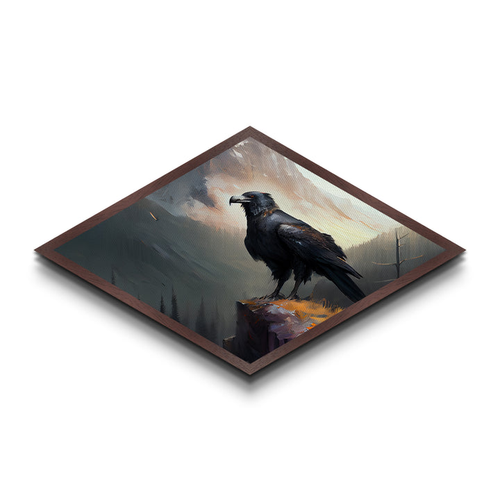Diamond Shaped Mountain Raven — Dramatic Wilderness Bird Canvas Textured Print, Misty Cliff Landscape Wall Decor, Crow Art