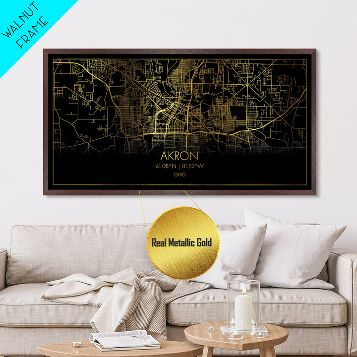 Akron Ohio City street map, Metallic Gold Print, Metal Art, wood framed map, black and gold, Street Map Art, Modern Wall Art, Housewarming Gift