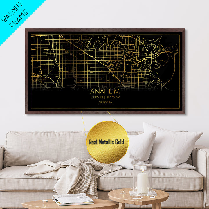 Anaheim California City Poster, Metallic Gold Art, Metal Art, real wood frames, black and gold, Map Print Poster, Street Map Art, Housewarming Gift