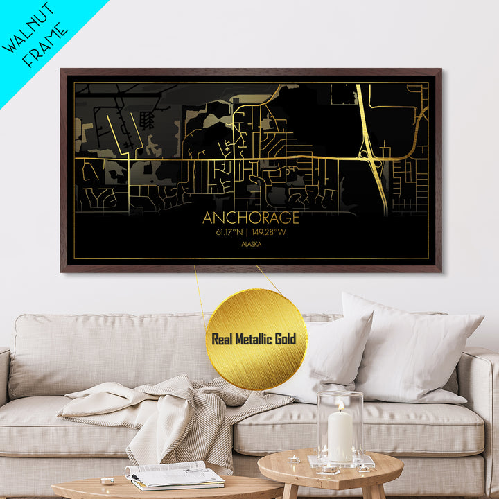 Anchorage Alaska City street map, Metallic Gold Print, Metal Art, wood framed map, black and gold, Street Map Wall Art, Best Friend Gifts, Modern Wall Art
