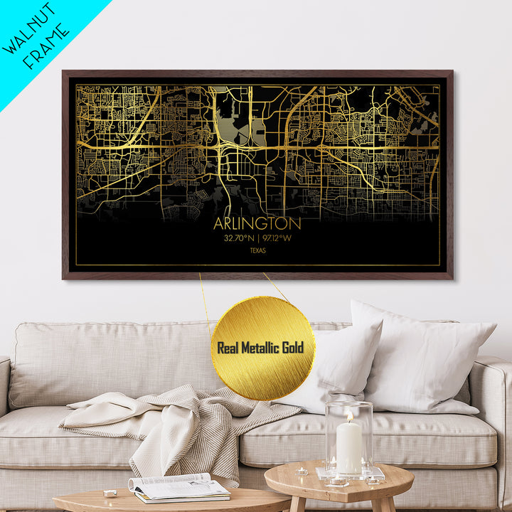 Arlington Texas City Poster, Metallic Gold Art, Metal Art, real wood frames, black and gold, Street Map Art, College Dorm Décor, Wall Art, Map Art