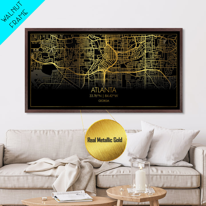 Atlanta Georgia City Poster, Metallic Gold Art, Metal Art, real wood frames, black and gold, Street Map Wall Art, Office Decor, Real Wood Frames