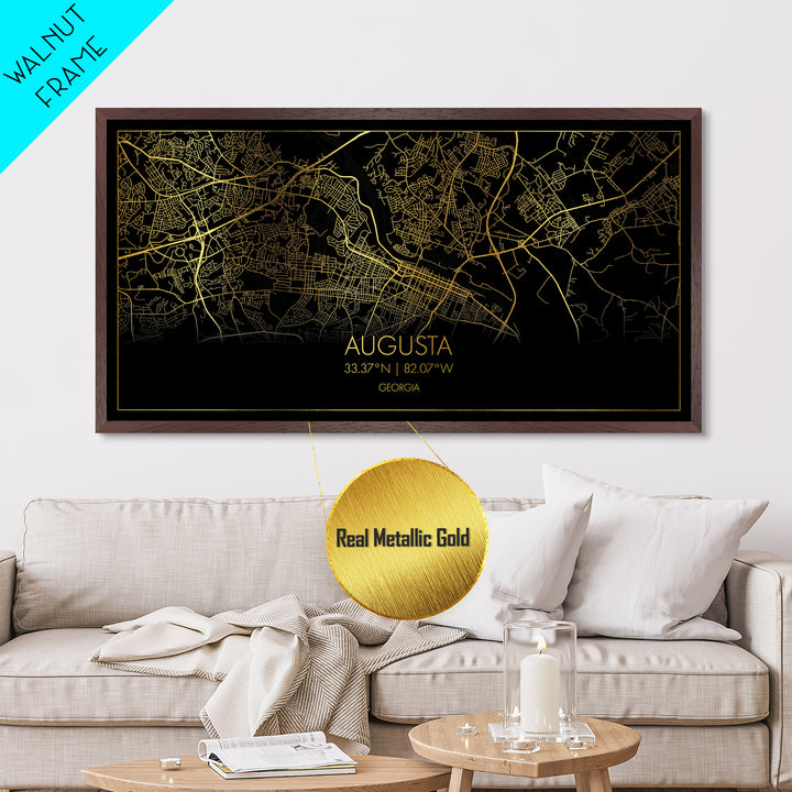 Augusta Georgia City street map, Metallic Gold Print, Metal Art, wood framed map, black and gold, Street Map Art, Gold Street Map Art, Travel Poster