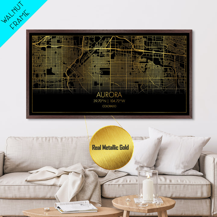 Aurora Colorado City Poster, Metallic Gold Art, Metal Art, real wood frames, black and gold, Street Map Art, Travel Poster, Gold Street Map Art