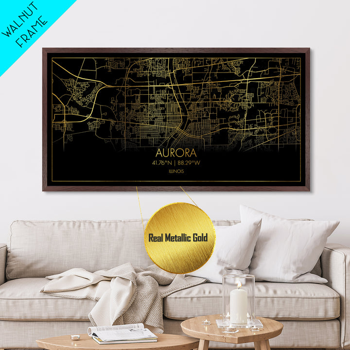 Aurora Illinois City street map, Metallic Gold Print, Metal Art, wood framed map, black and gold, Street Map Art, Map Print Poster, Housewarming Gift