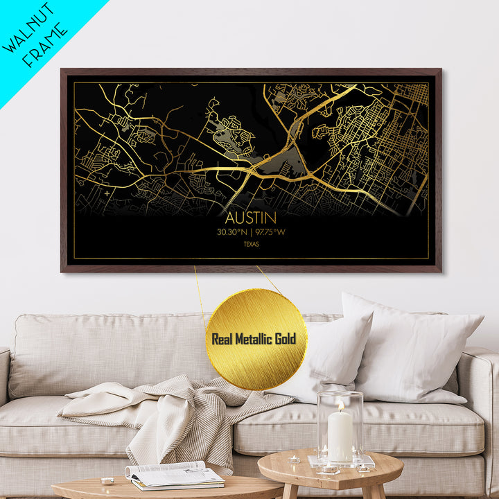 Austin Texas City Poster, Metallic Gold Art, Metal Art, real wood frames, black and gold, Map Art, Real Wood Frames, Travel Poster, Street Map Art