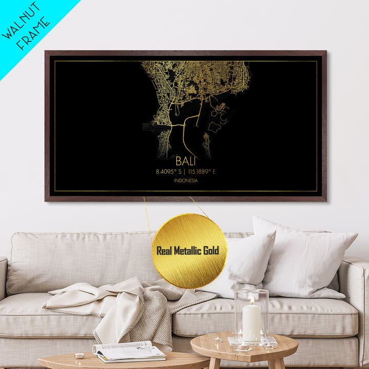 Bali Indonesia City Poster, Metallic Gold Art, Metal Art, real wood frames, black and gold, Travel Poster, Street Map Art, Gold Street Map Art