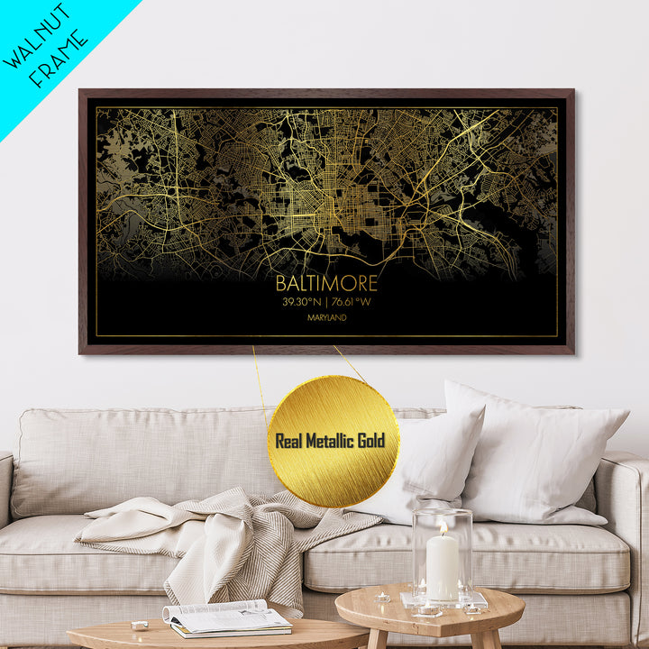 Baltimore Maryland City street map, Metallic Gold Print, Metal Art, wood framed map, black and gold, Street Map Art, Office Decor, Real Wood Frames