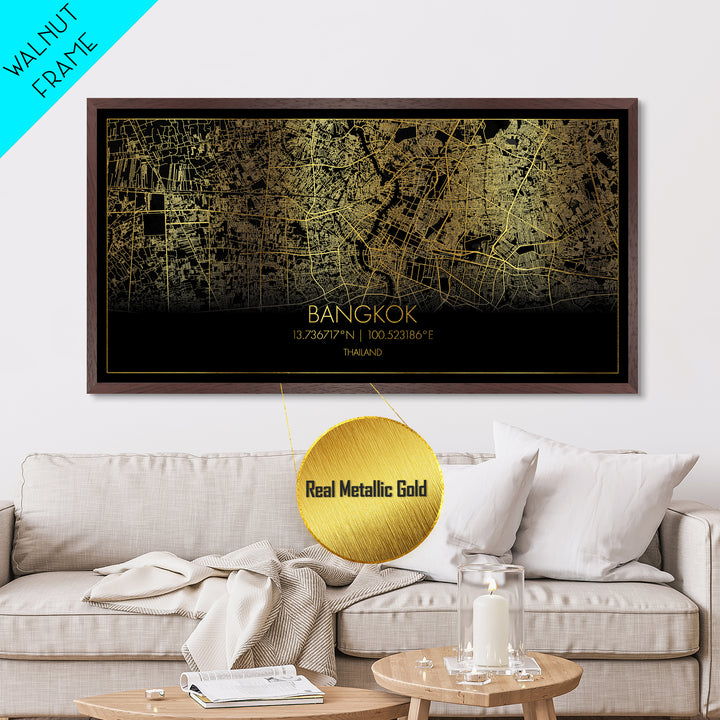 Bangkok Thailand City Poster, Metallic Gold Art, Metal Art, real wood frames, black and gold, Street Map Wall Art, Travel Poster, College Dorm Décor