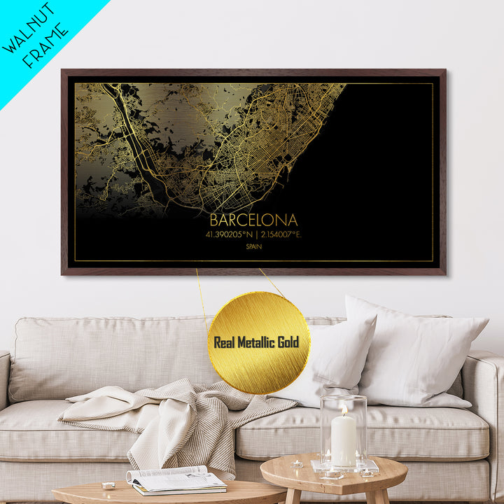 Barcelona Spain City street map, Metallic Gold Print, Metal Art, wood framed map, black and gold, Gold Street Map Art, Street Map Art, Modern House Art