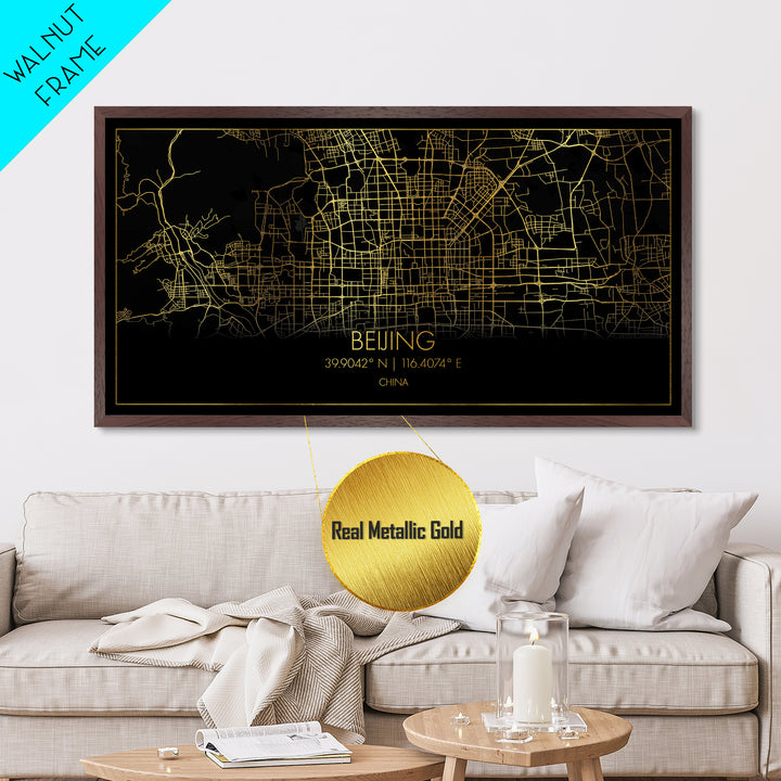 Beijing China City street map, Metallic Gold Print, Metal Art, wood framed map, black and gold, Street Map Art, Best Friend Gifts, Travel Poster