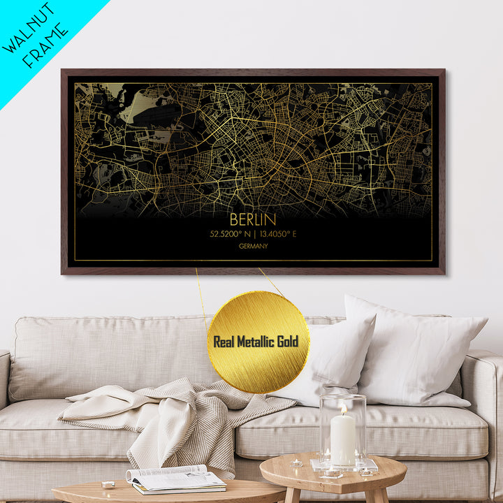 Berlin Germany City Poster, Metallic Gold Art, Metal Art, real wood frames, black and gold, Street Map Wall Art, Map Art, Real Wood Frames