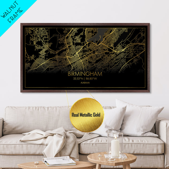Birmingham Alabama City street map, Metallic Gold Print, Metal Art, wood framed map, black and gold, Travel Poster, Street Map Art, Housewarming Gift