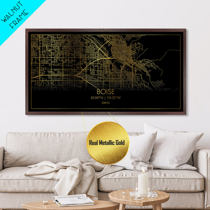 Boise Idaho City street map, Metallic Gold Print, Metal Art, wood framed map, black and gold, Map Art, Street Map Wall Art, College Dorm Décor