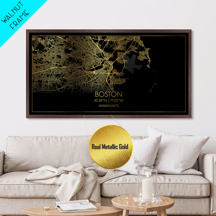 Boston Massachusetts City Poster, Metallic Gold Art, Metal Art, real wood frames, black and gold, Street Map Art, Modern Wall Art