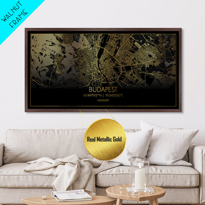 Budapest Hungary City Poster, Metallic Gold Art, Metal Art, real wood frames, black and gold, Street Map Wall Art, Real Wood Frames, Housewarming Gift