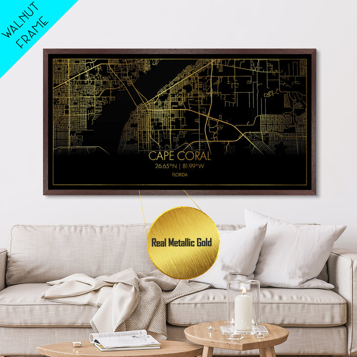 Cape Coral Florida City Poster, Metallic Gold Art, Metal Art, real wood frames, black and gold, Street Map Art, Map Print Poster, Travel Poster