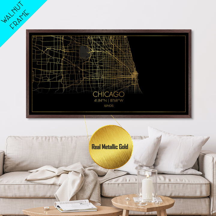 Chicago Illinois City street map, Metallic Gold Print, Metal Art, wood framed map, black and gold, Street Map Wall Art, College Dorm Décor