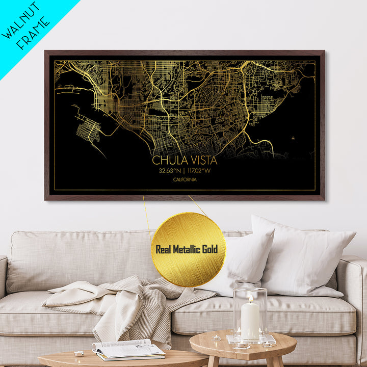 Chula Vista California City Poster, Metallic Gold Art, Metal Art, real wood frames, black and gold, Map Print Poster, Travel Poster, Modern House Art