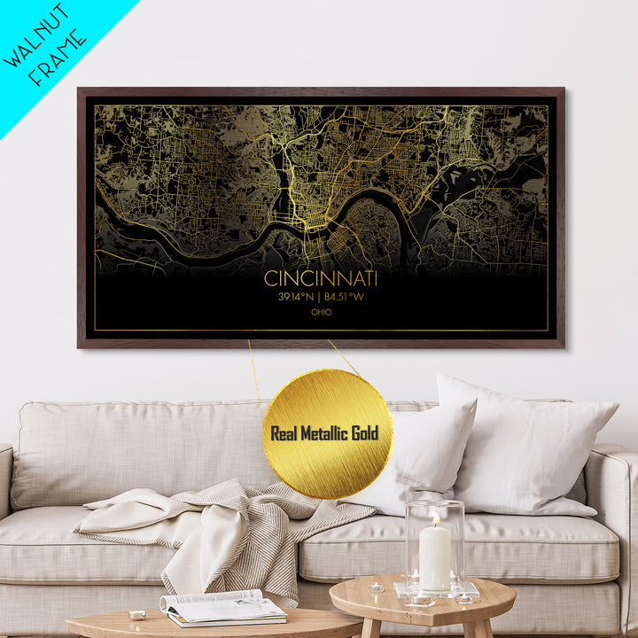 Cincinnati Ohio City street map, Metallic Gold Print, Metal Art, wood framed map, black and gold, Gold Street Map Art, Street Map Art, Best Friend Gifts