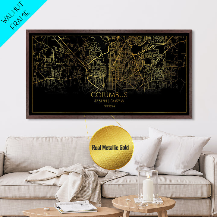 Columbus Georgia City street map, Metallic Gold Print, Metal Art, wood framed map, black and gold, Street Map Art, Housewarming Gift